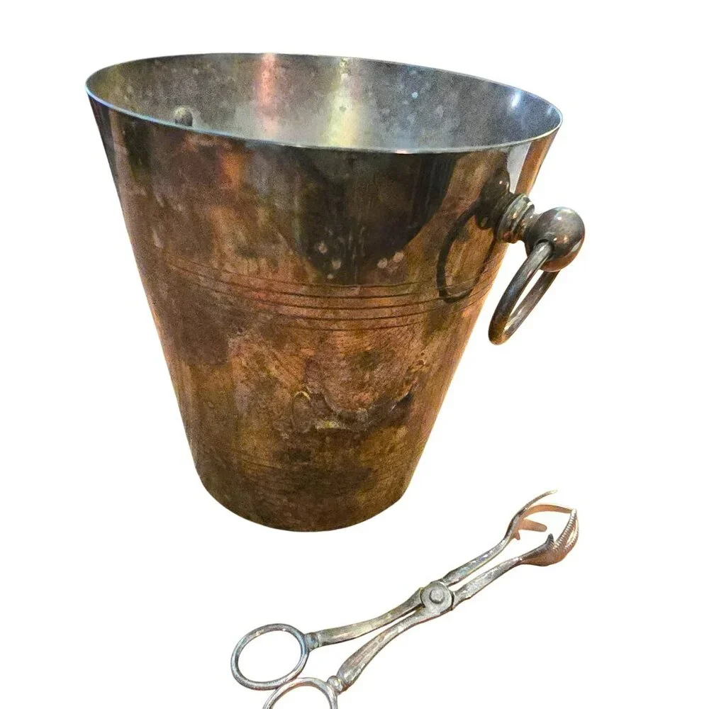 Vintage Silver-Plated Ice Bucket With Bird Foot Tongs Set K&M England CM2130